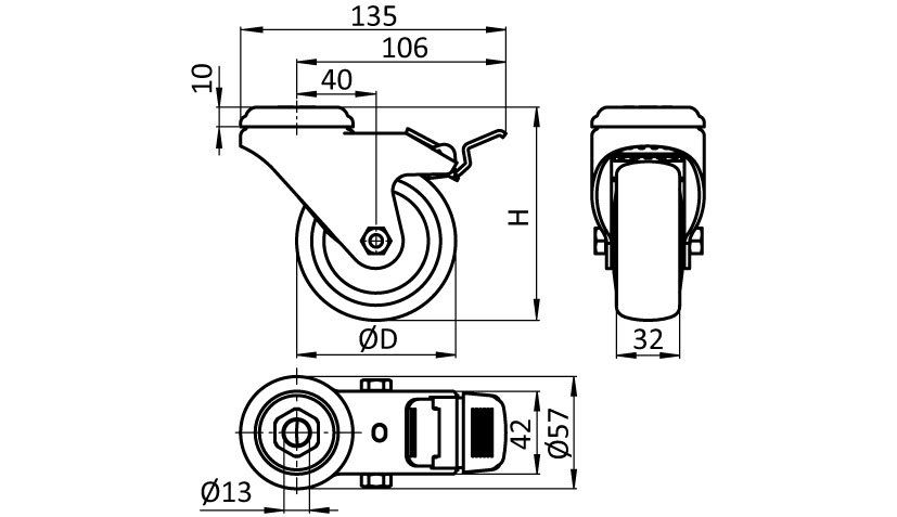 FATH swivel caster, TPU/ - Part # 098S100UDN